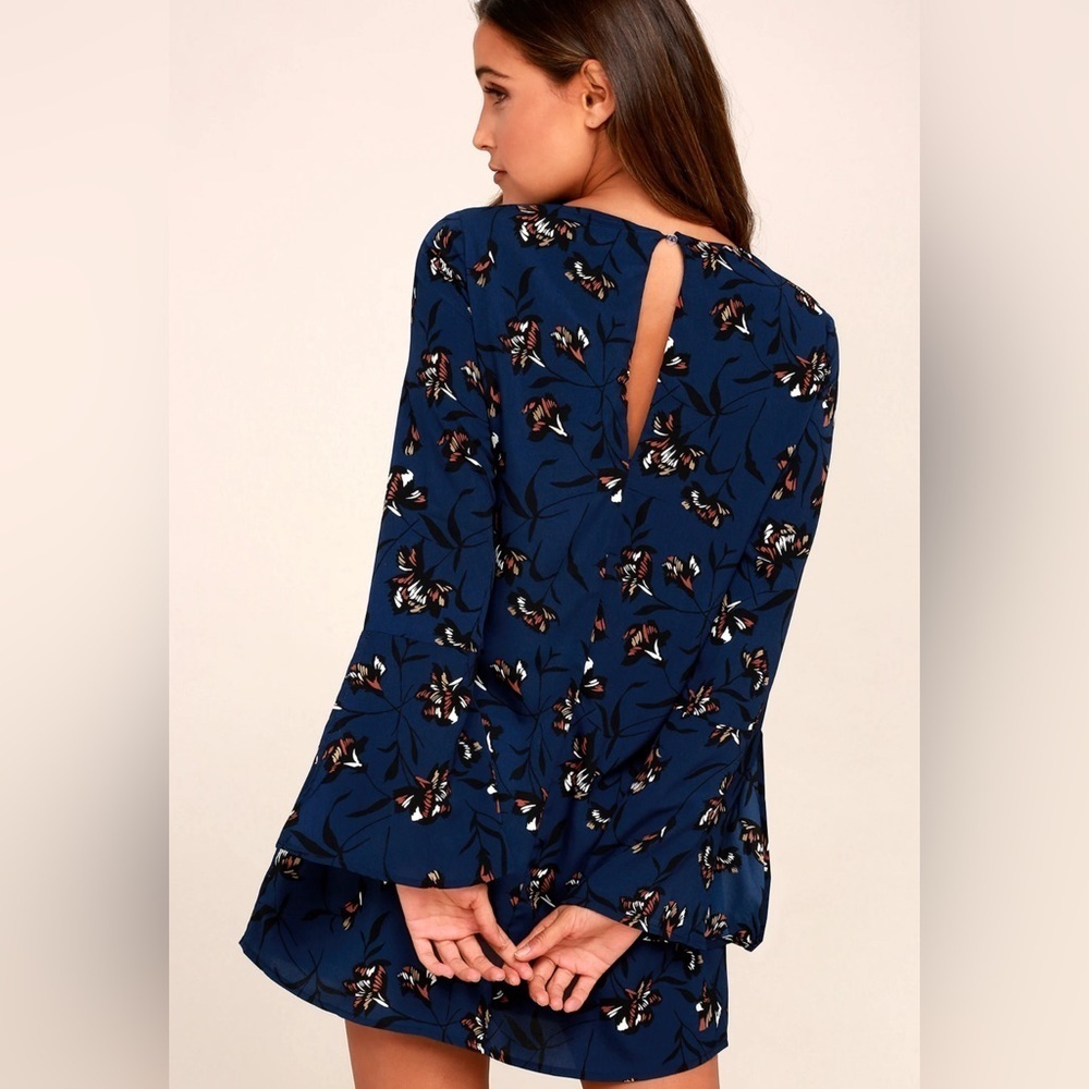 Lulu’s Pleasant Valley Navy Blue Floral Print Long Sleeve Shift Dress small - Picture 3 of 8
